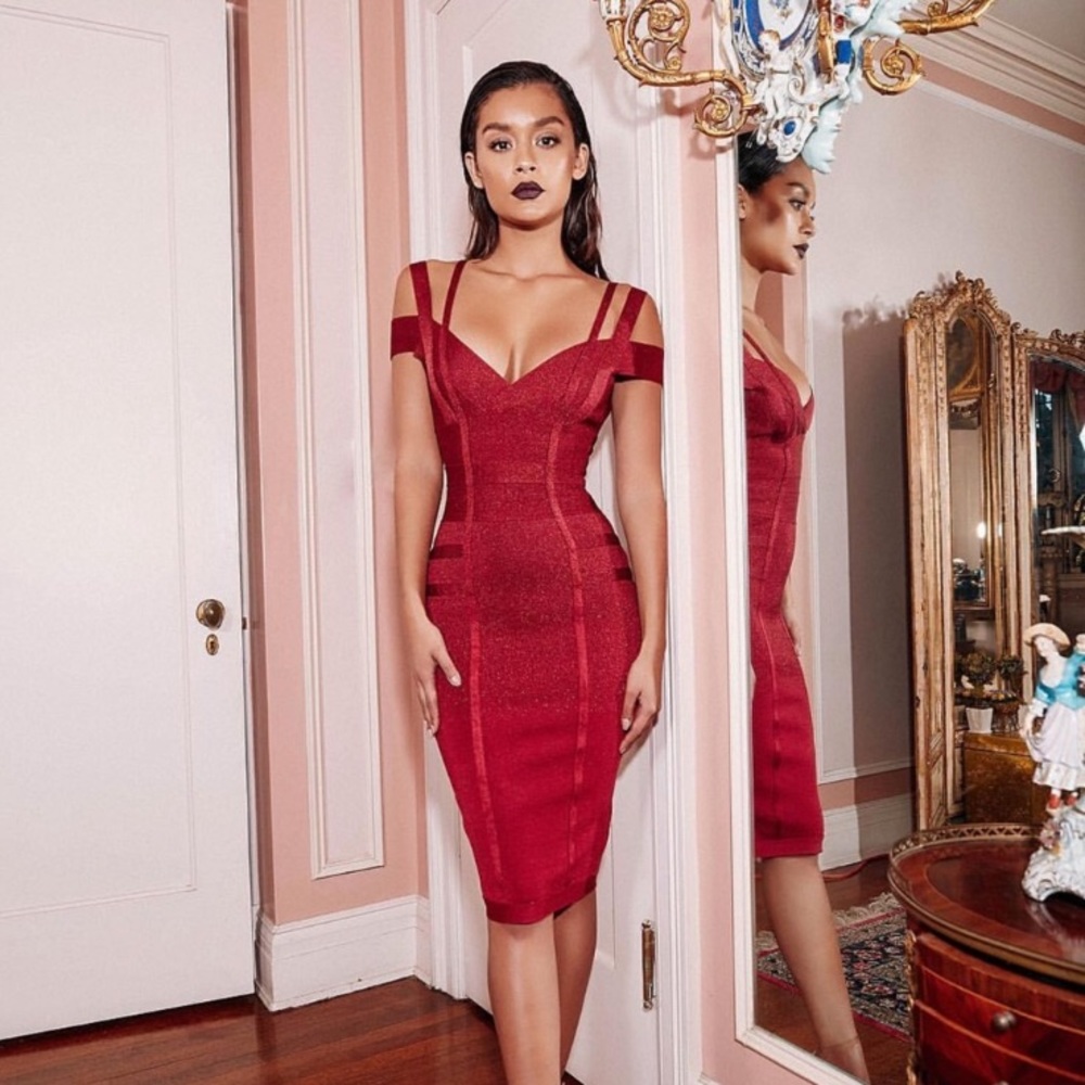 House of CB MIMI Wine Off Shoulder Bandage Dress